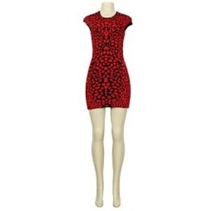 RVN Red Black Leopard Print Knit Mini Dress Cap Sleeve Size S